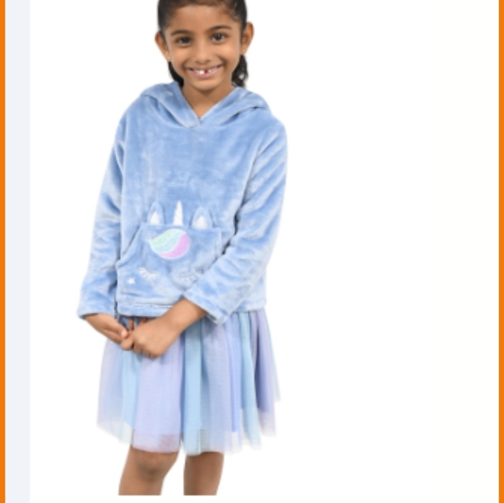 Pink & Violet Girls Unicorn Blue Hooded Top W Tulle Skirt Dress Two Piece Size 2